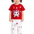 Girls Heart Katty Print 2 Pcs Suit - Red