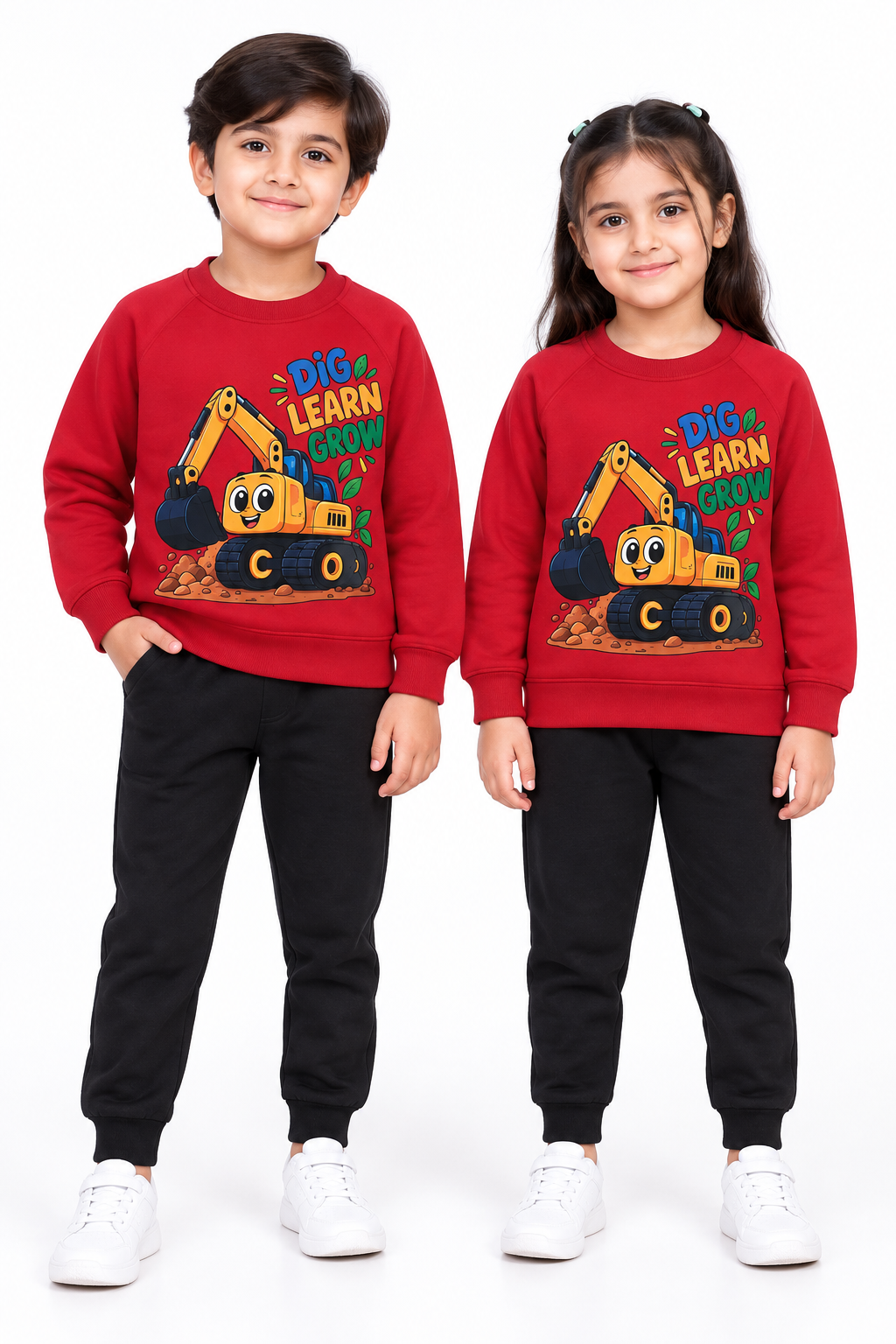 Kids Construction Digger Fleece Tracksuit | Red & Black