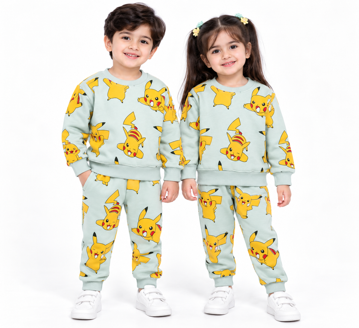 Kids Pikachu Print Fleece Tracksuit | Light Grey & Yellow