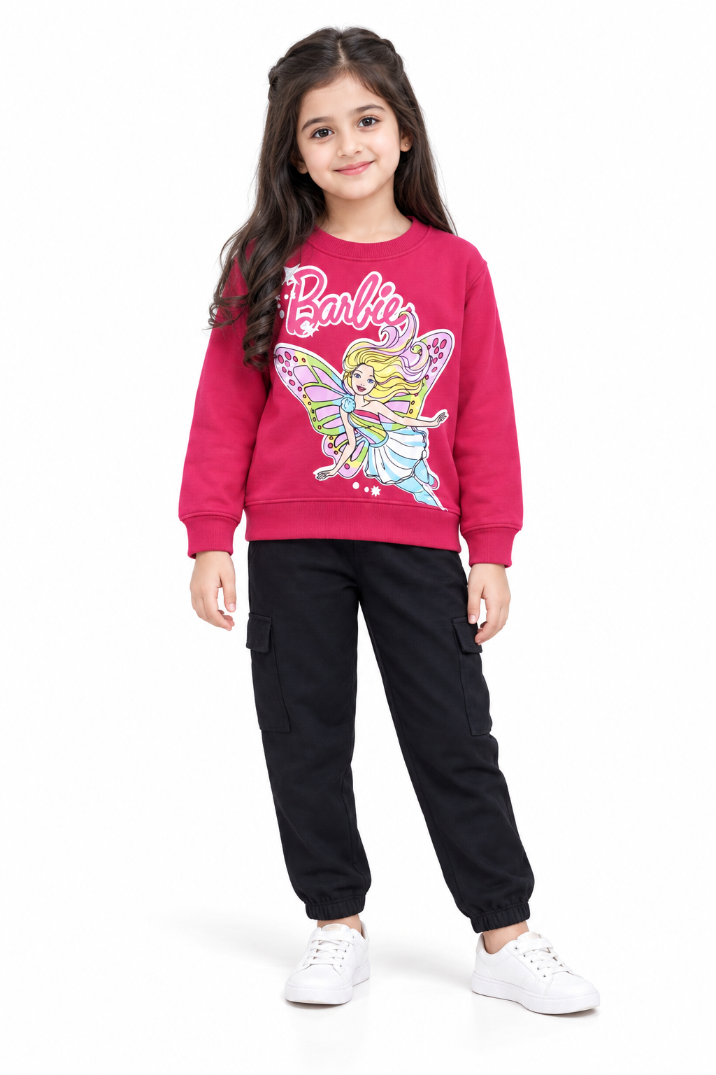 Girls Barbie Print Fleece Sweatshirt & Cargo Trouser Set | Hot Pink