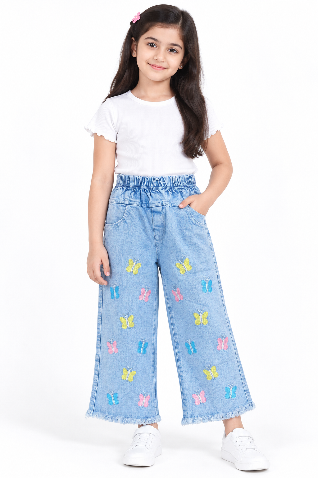 Girls Butterfly Print Wide Leg Denim Jeans | Light Blue
