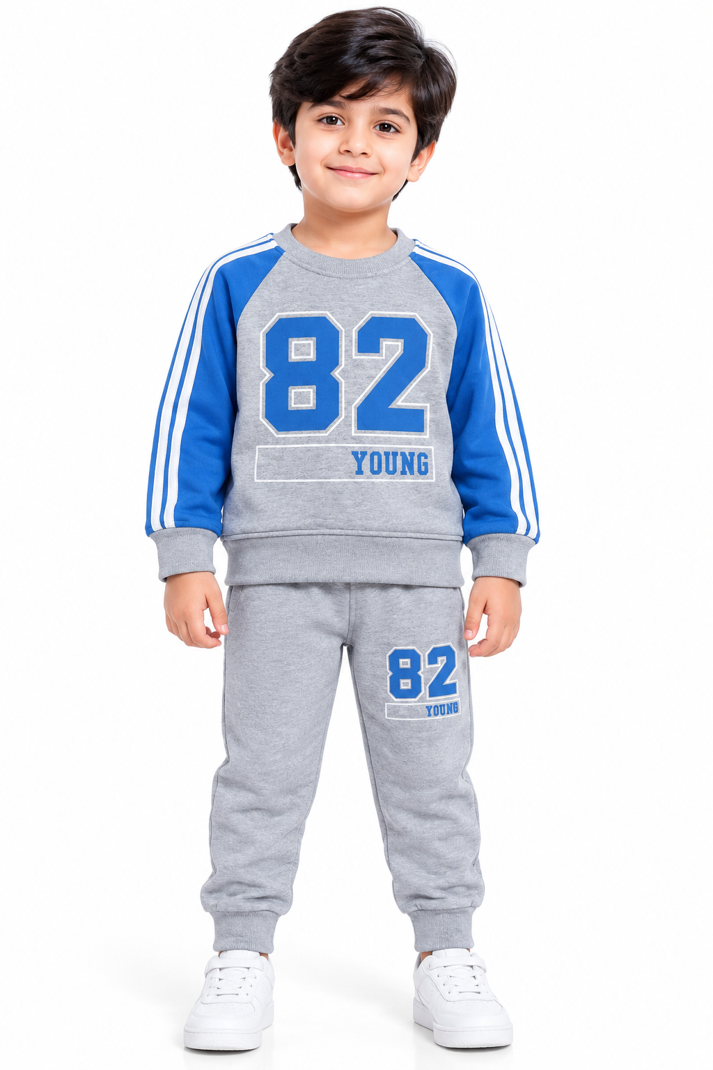 Kids 82 Young Print Fleece Tracksuit | Grey & Blue