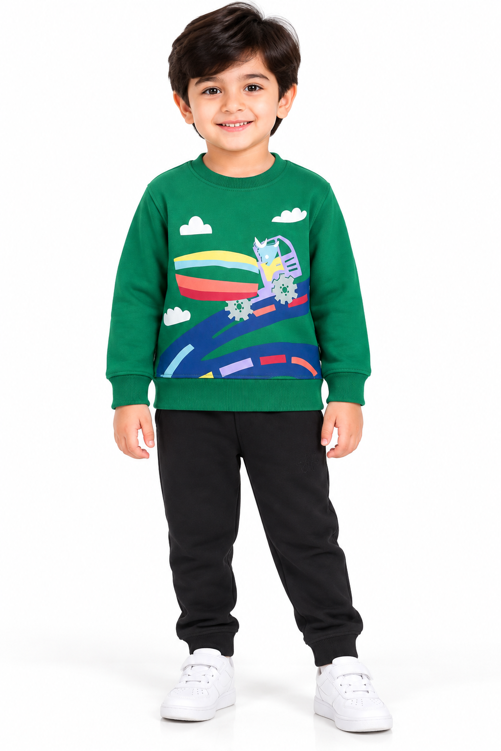 Boys Colorful Vehicle Graphic Fleece Sweatshirt & Trouser Set | Green & Black