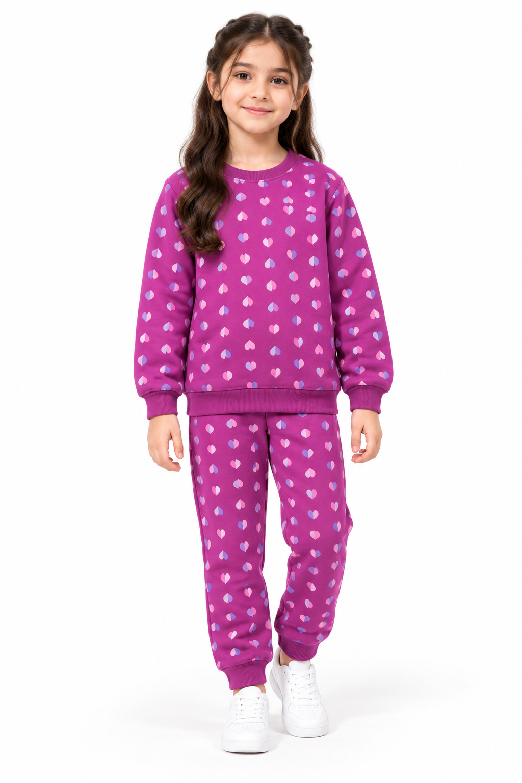 Girls Heart Print Fleece Tracksuit | Purple