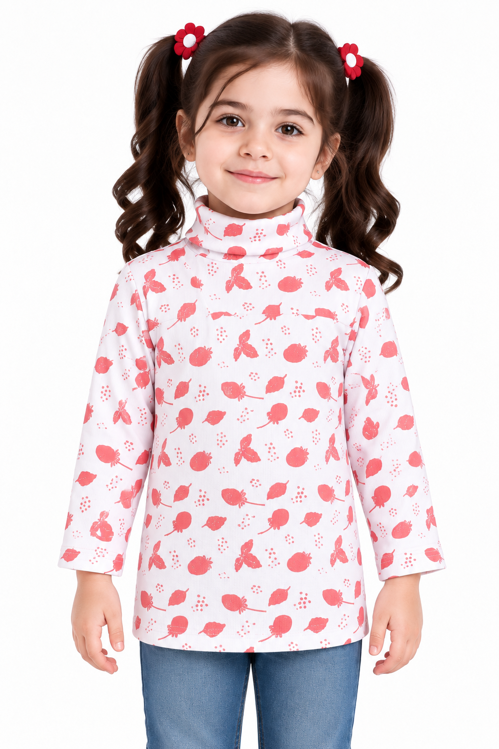 Girls Butterfly & Leaf Print Highneck | White & Coral