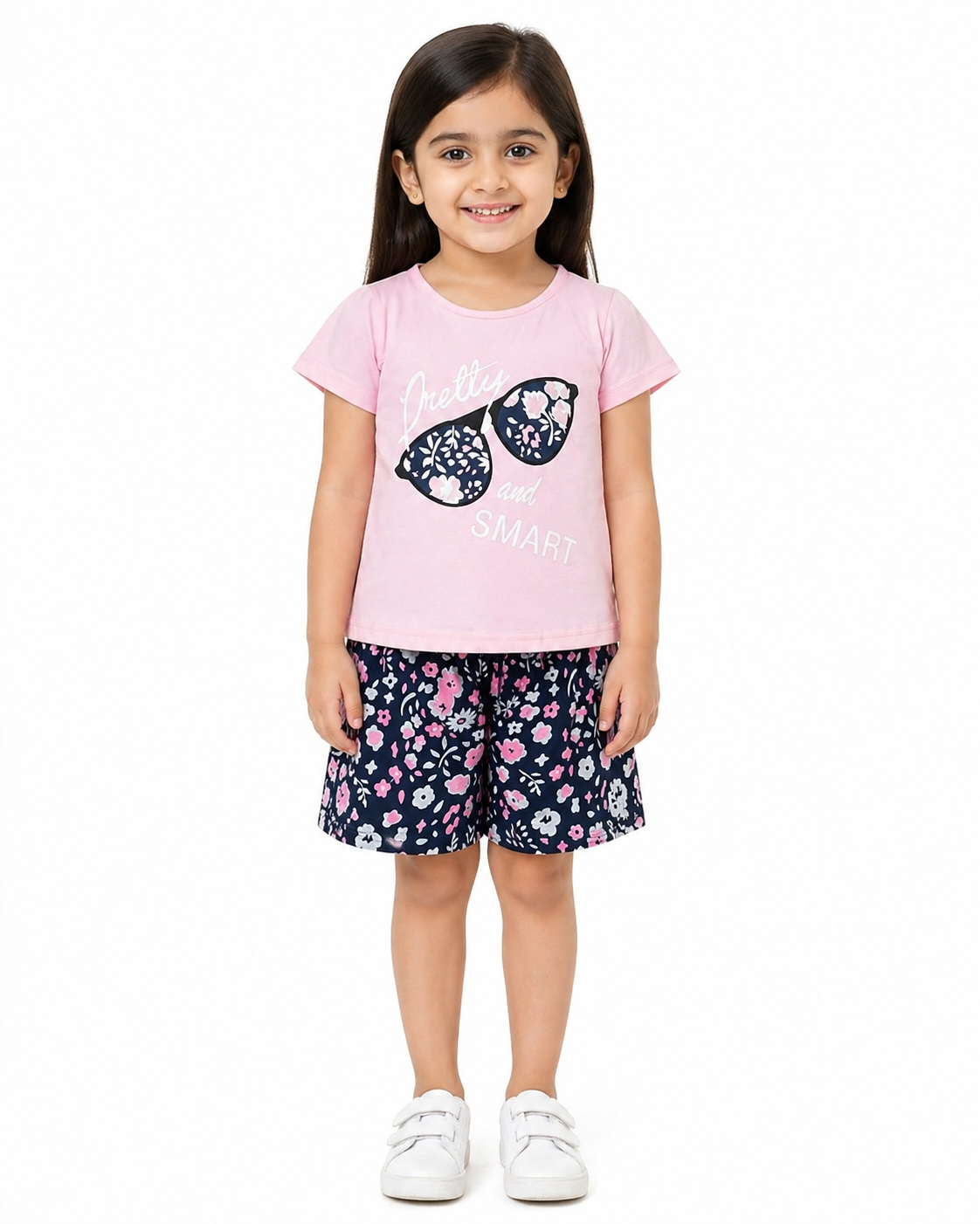 Girls Cute Floral Shorts Set with Graphic - Pink