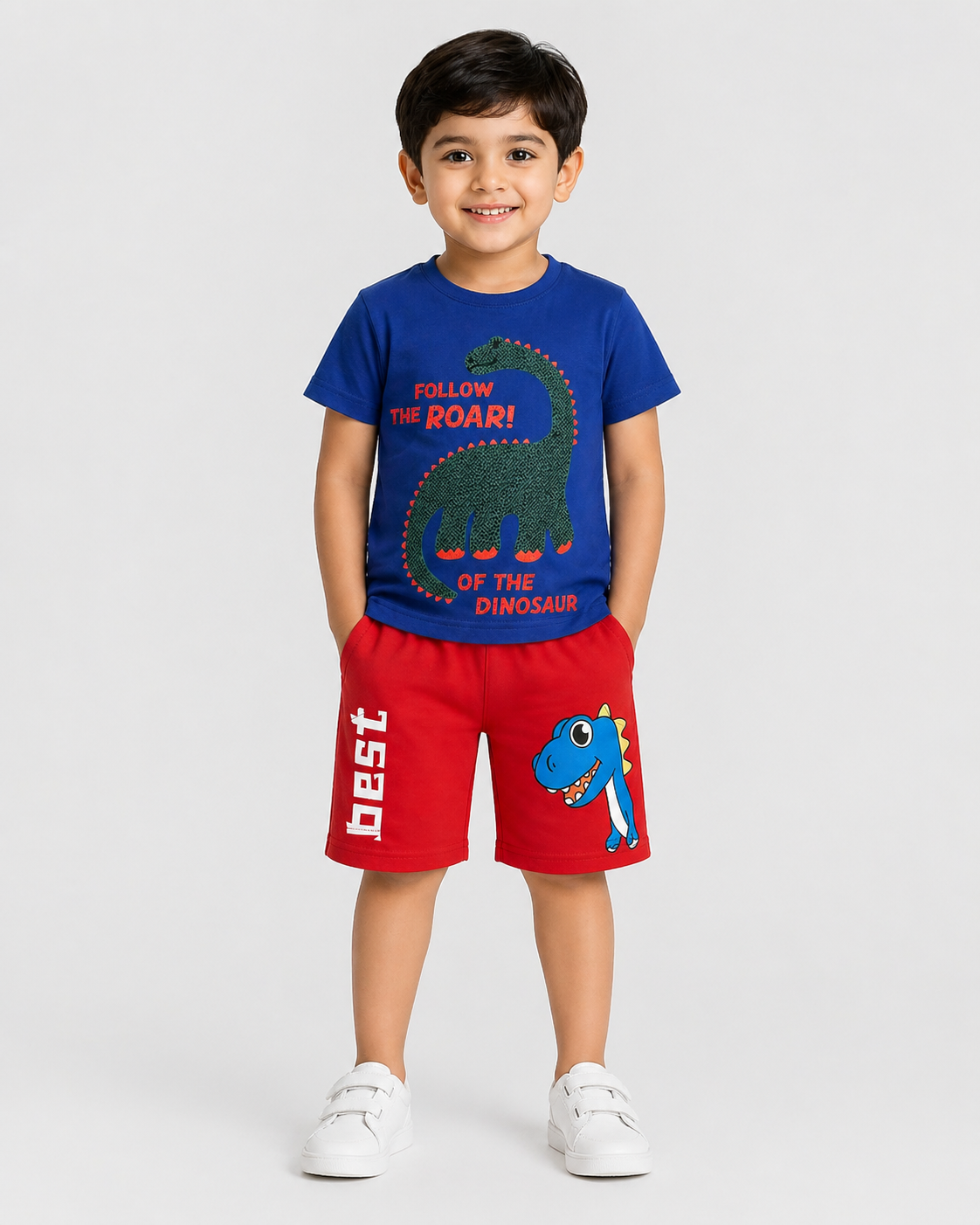 Kids Follow The Roar Dino 2Pcs Suit - Blue & Red