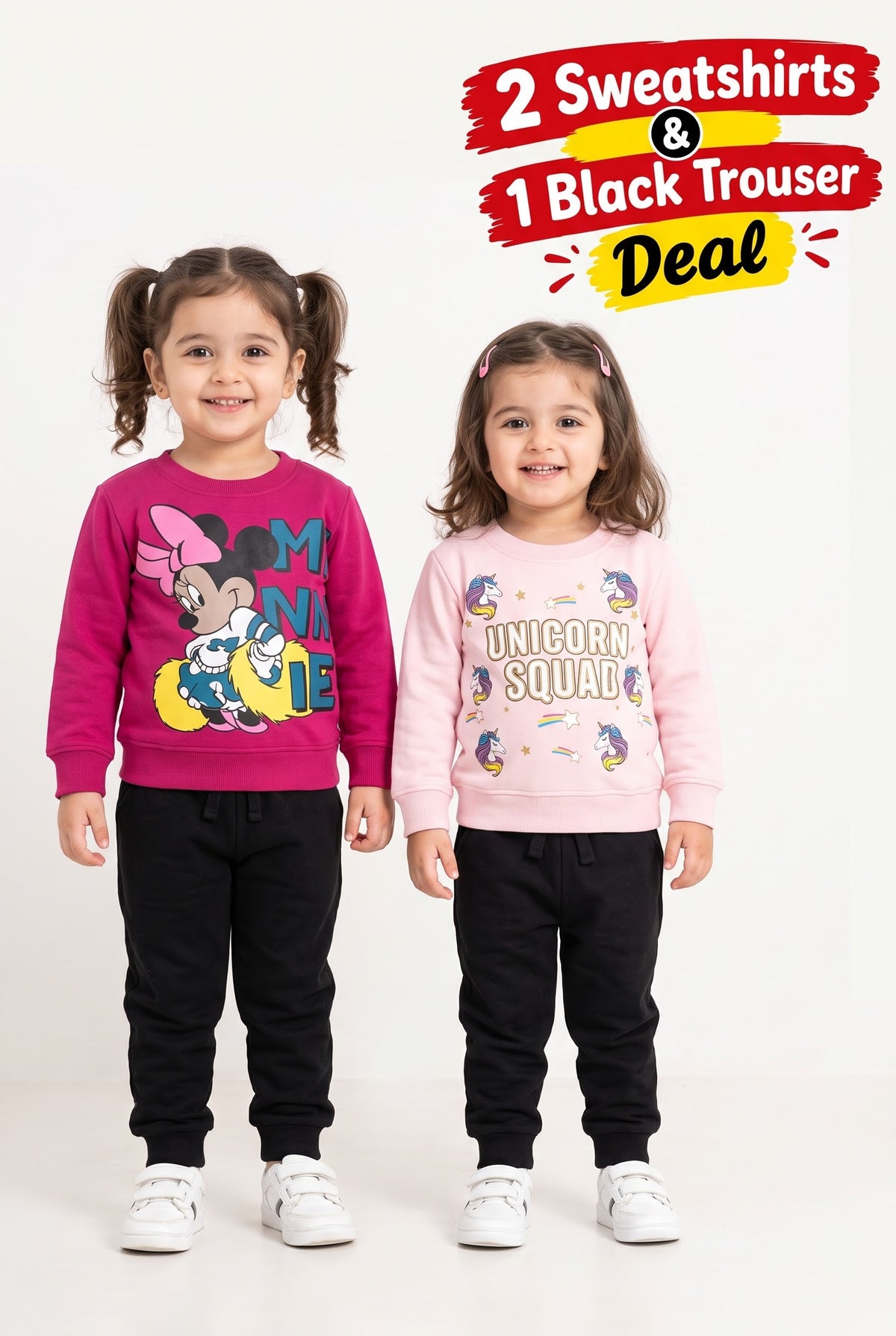 Girls 2 Sweatshirts & 1 Black Trouser Deal | Pink & Fuchsia