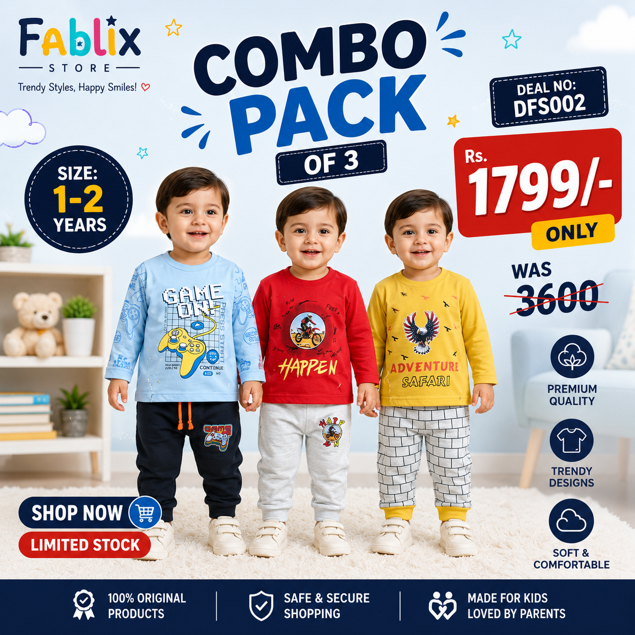 Kids Fun Wear Combo Pack of 3 – Mid Season Suits (1–2 Years)