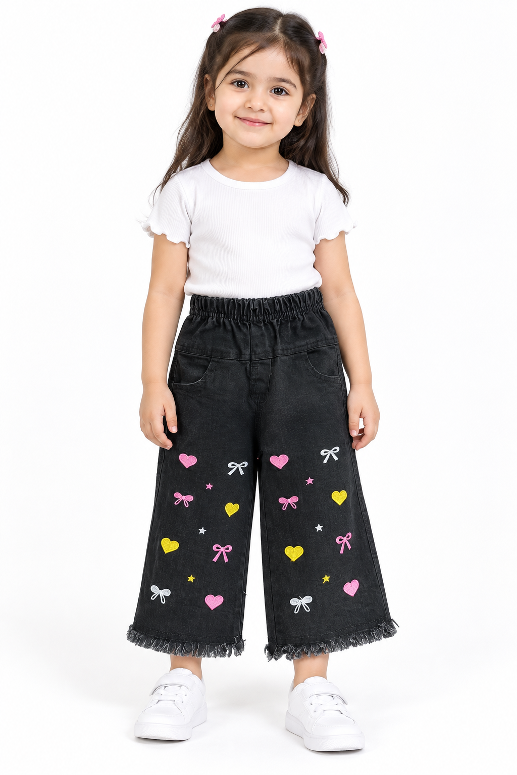 Girls Embroidered Heart & Bow Wide Leg Denim Jeans | Black