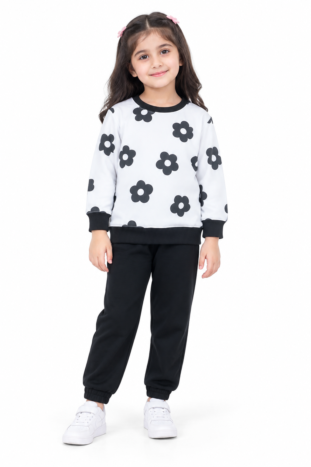 Girls Flower Print Fleece Tracksuit | Black & White
