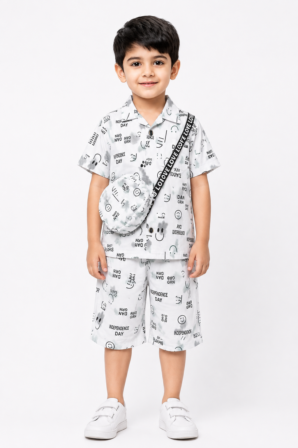 Boys White Smiley Graphic Printed Shirt & Shorts Set with Matching Bag