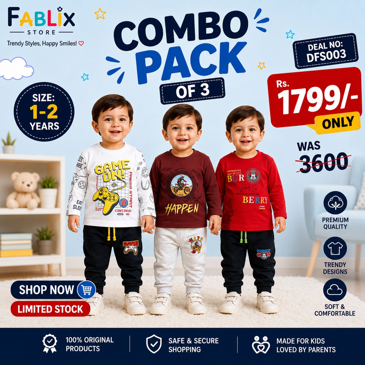 Kids Adventure Combo Pack of 3 – Mid Season Suits (1–2 Years)