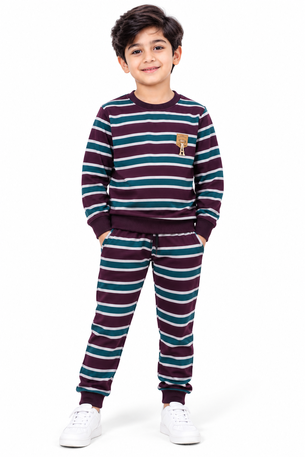 Kids Striped Fleece Tracksuit | Maroon