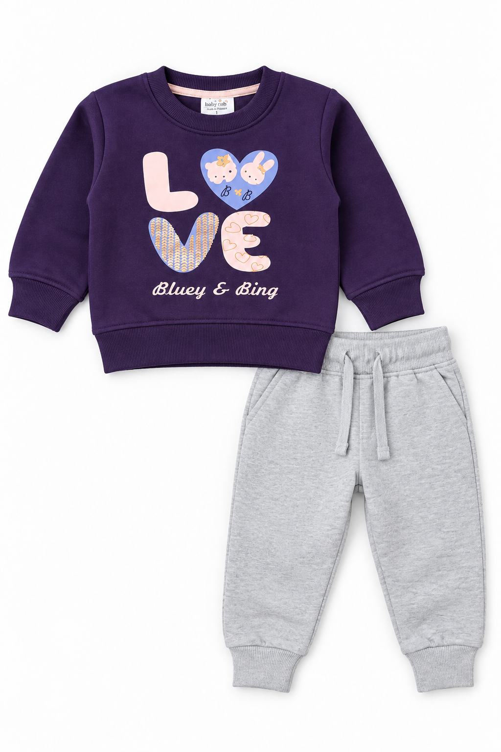 Baby & Kids Love Print Fleece Tracksuit | Purple & Grey