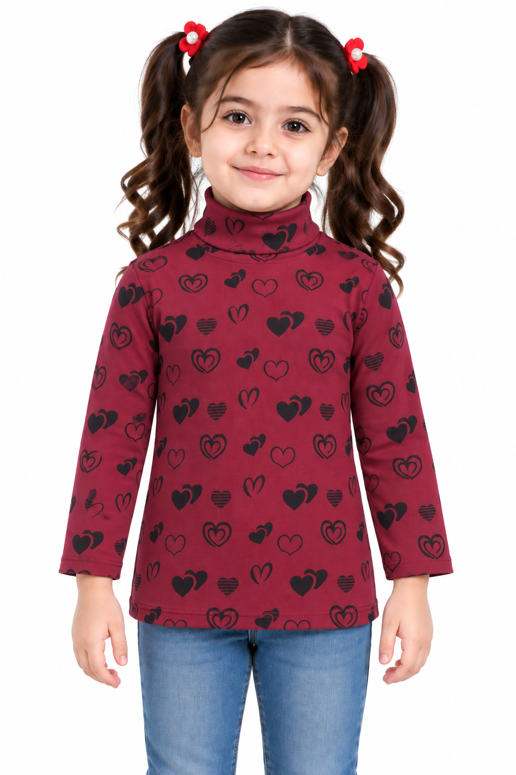 Girls Heart Print Highneck | Maroon & Black