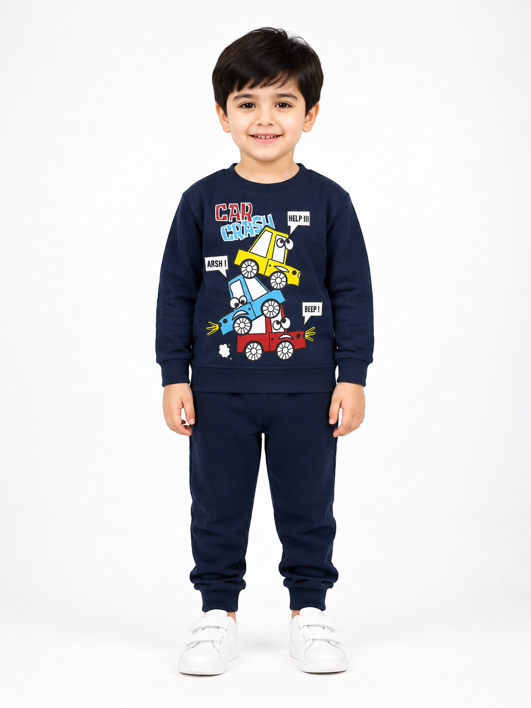 Boys Car Crash Print - Fleece Tracksuit | Navy Blue