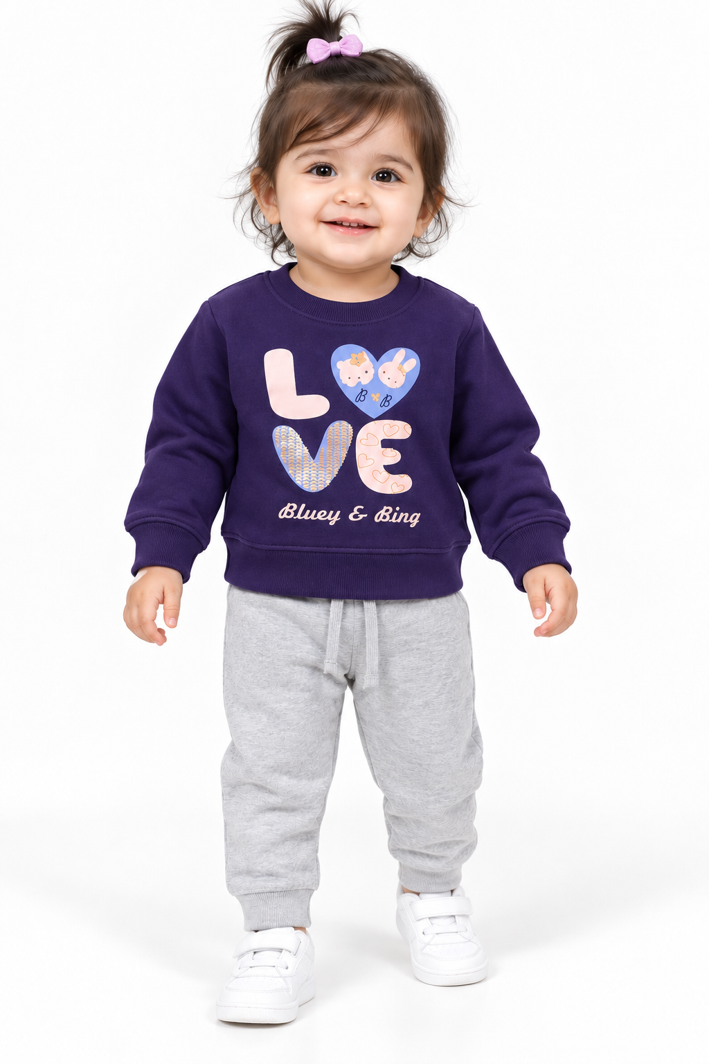 Baby & Kids Love Print Fleece Tracksuit | Purple & Grey