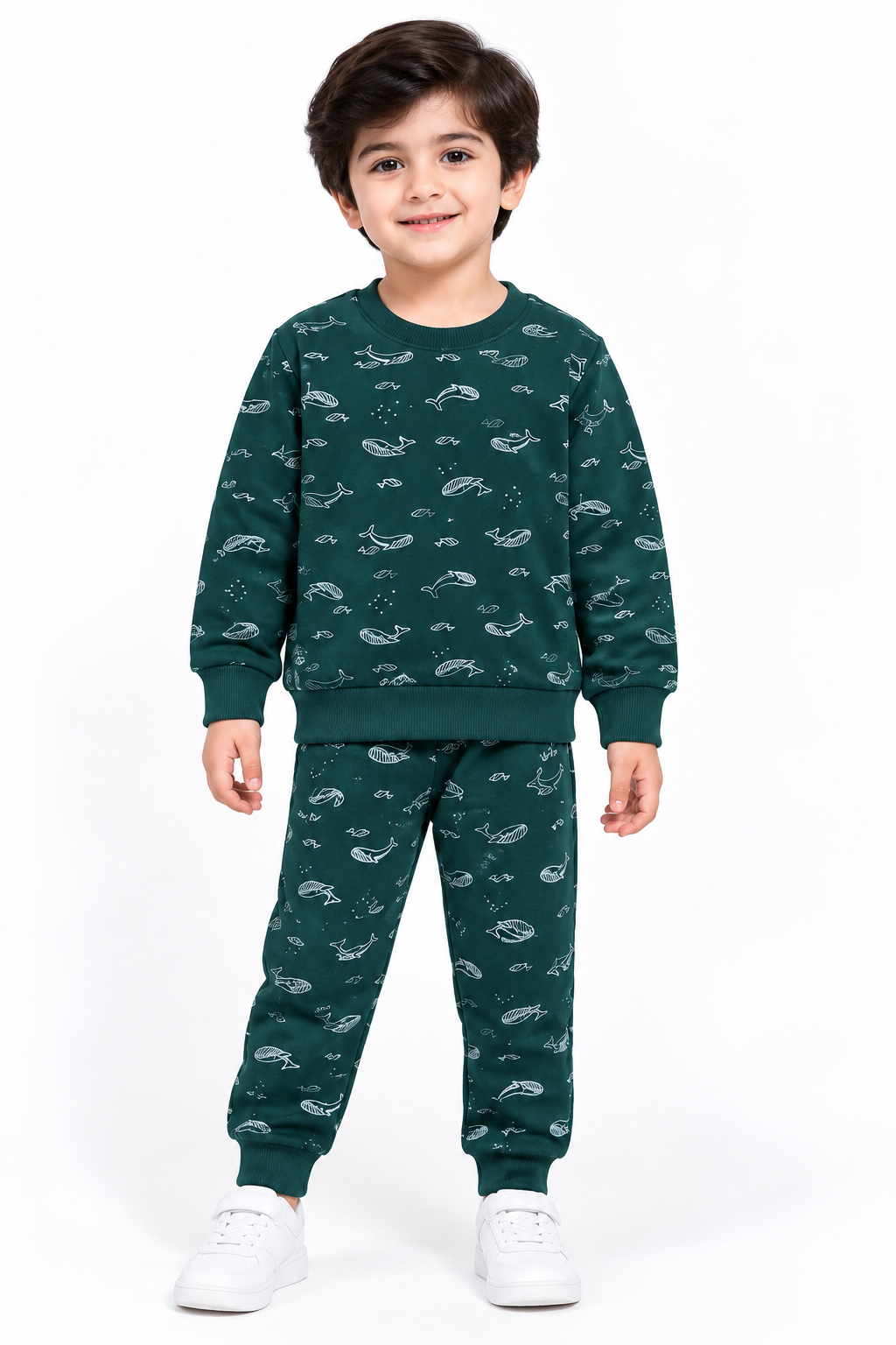 Boys Whale Print Fleece Tracksuit | Dark Green
