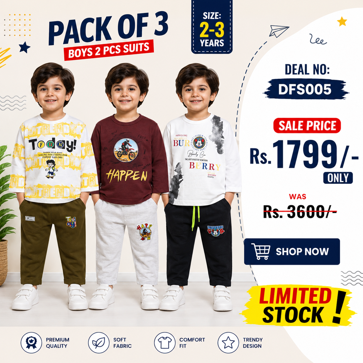 Kids Smart Combo Pack of 3 – Mid Season Suits (2–3 Years)