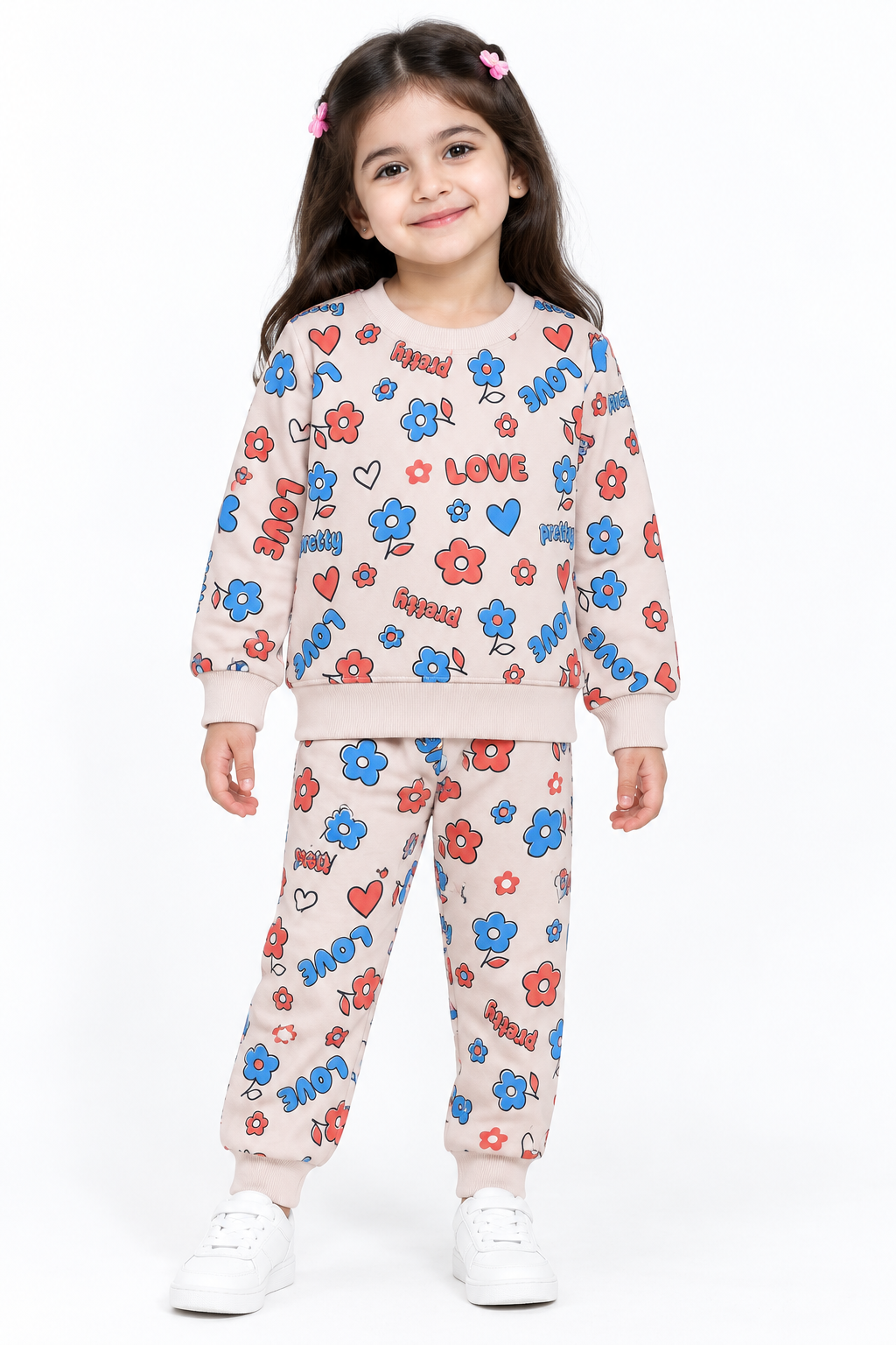 Girls Love & Flower Print Fleece Tracksuit | Pink