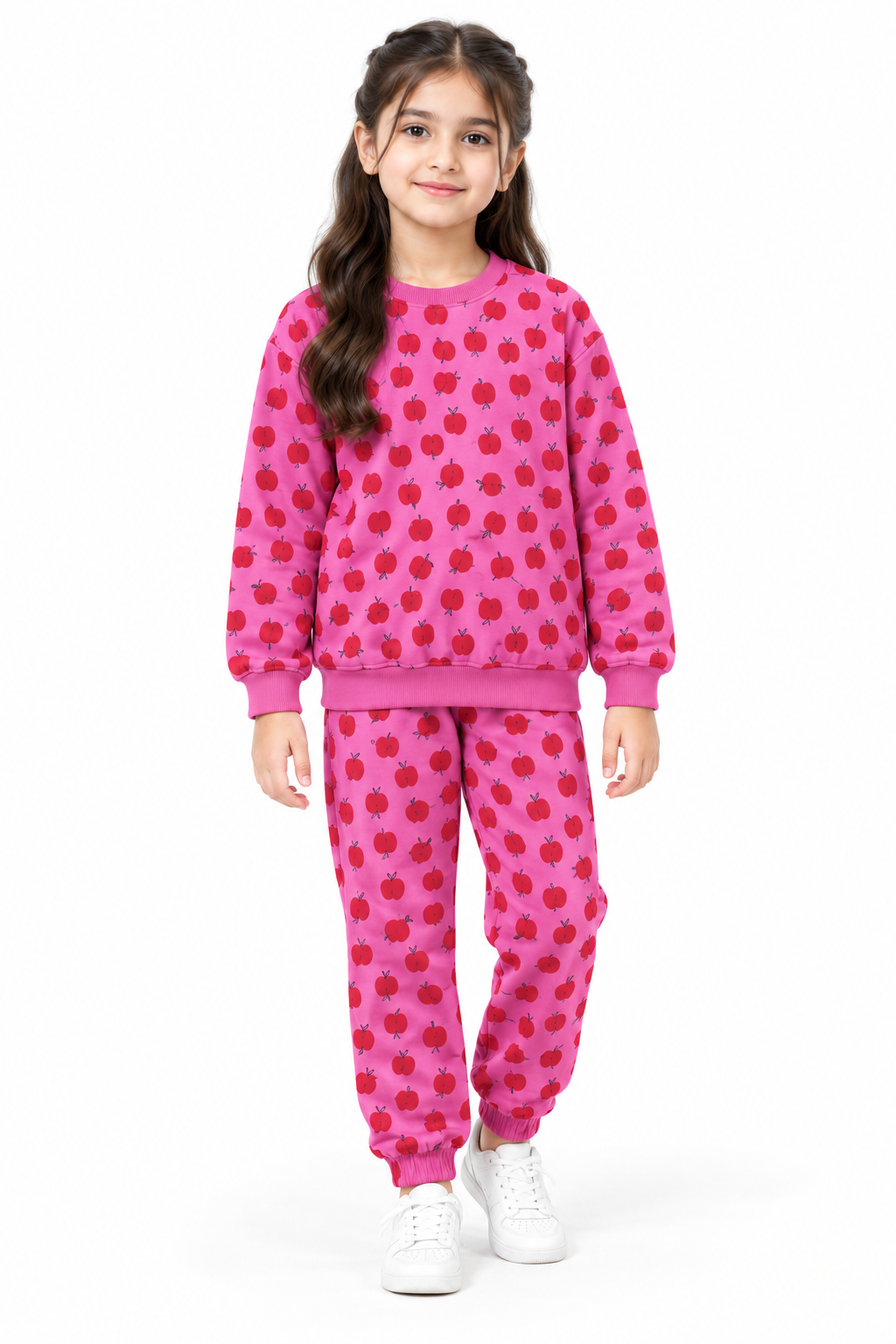 Girls Apple Print Fleece Tracksuit | Pink