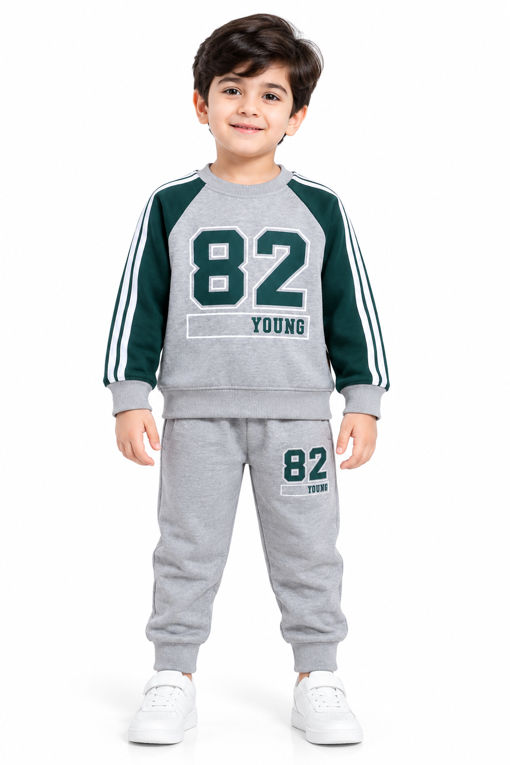 Kids 82 Young Print Fleece Tracksuit | Grey & Green