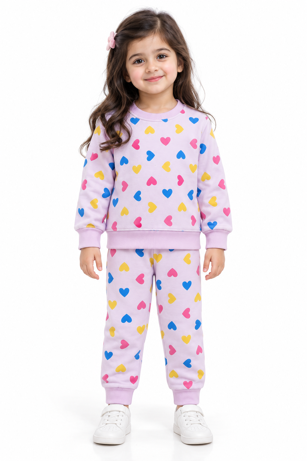 Kids Heart Print Fleece Tracksuit | Light Pink