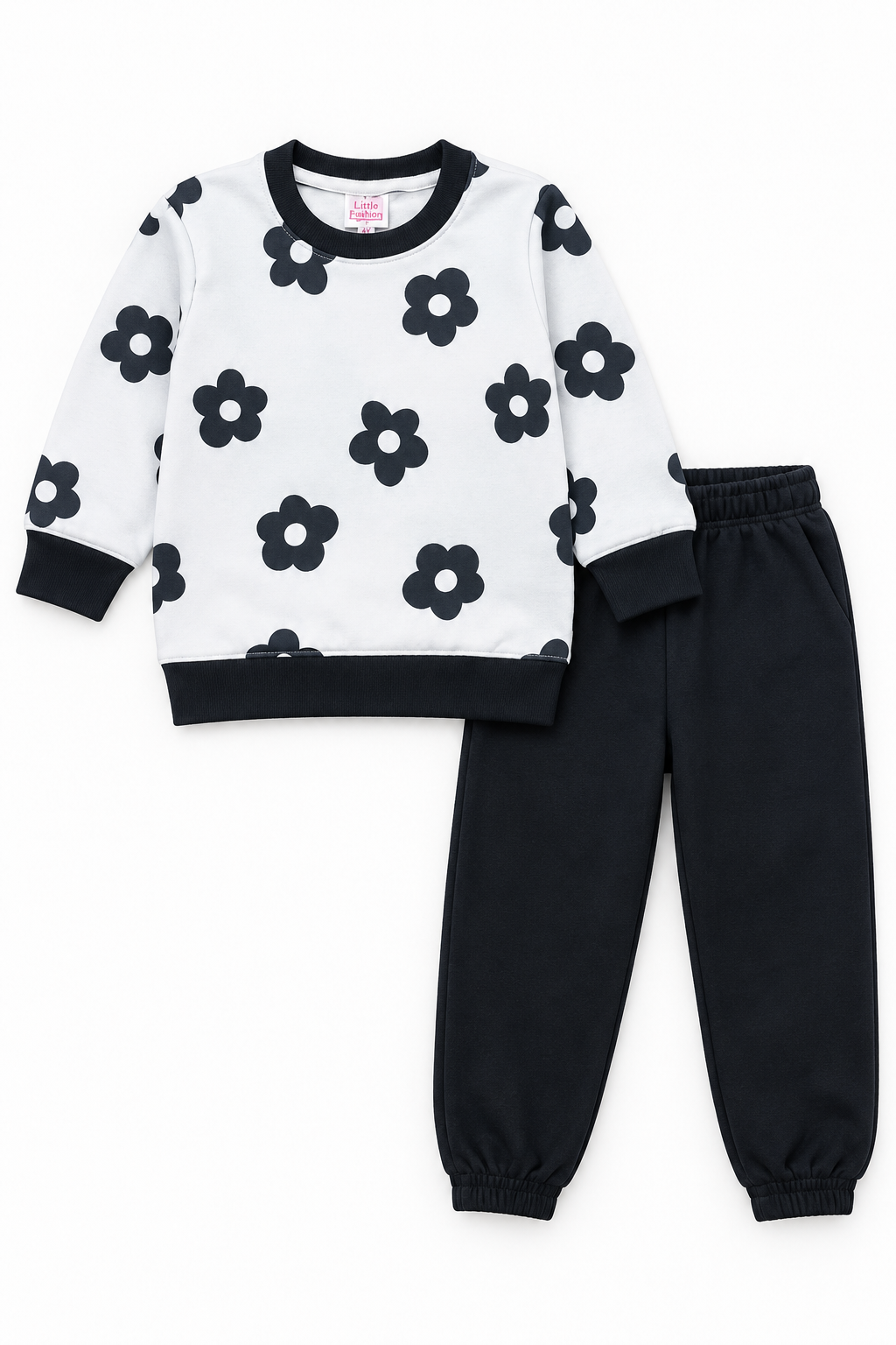 Girls Flower Print Fleece Tracksuit | Black & White