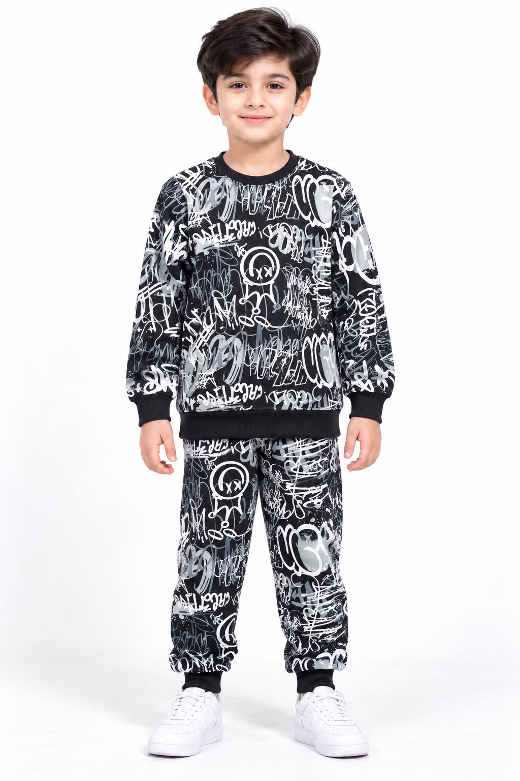 Boys Graffiti Print Fleece Tracksuit | Black & White