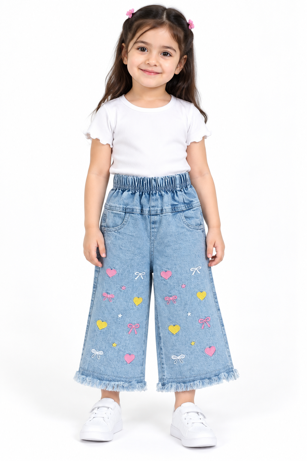 Girls Embroidered Heart & Bow Wide Leg Denim Jeans | Blue