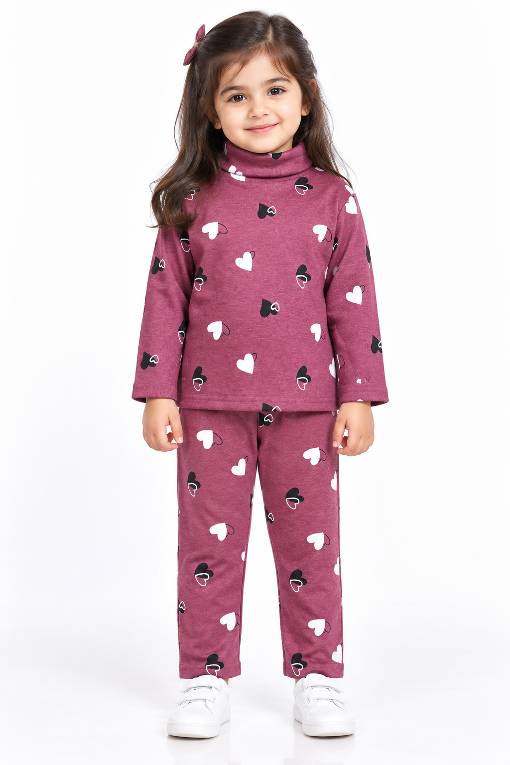 Girls Heart Print High Neck Rib Fabric Suit | Maroon