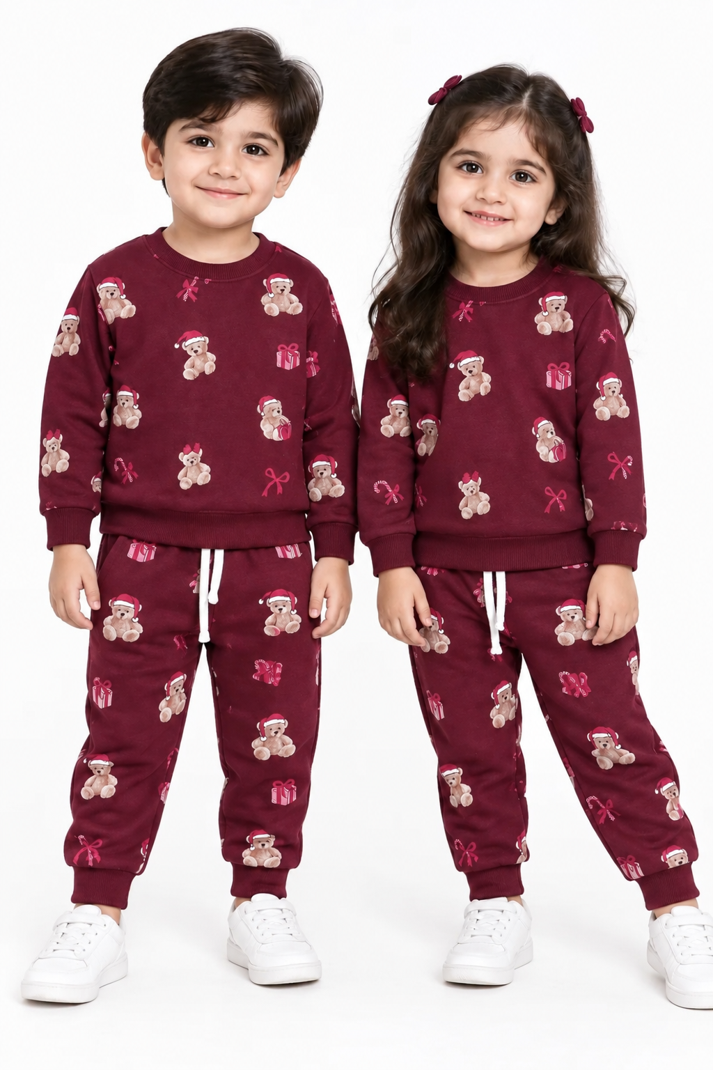 Kids Teddy Bear Christmas Print Fleece Tracksuit | Maroon