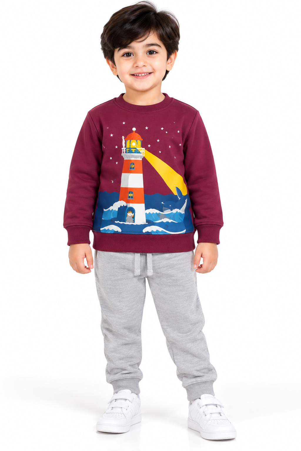 Boys Lighthouse Graphic Fleece Tracksuit | Maroon & Grey