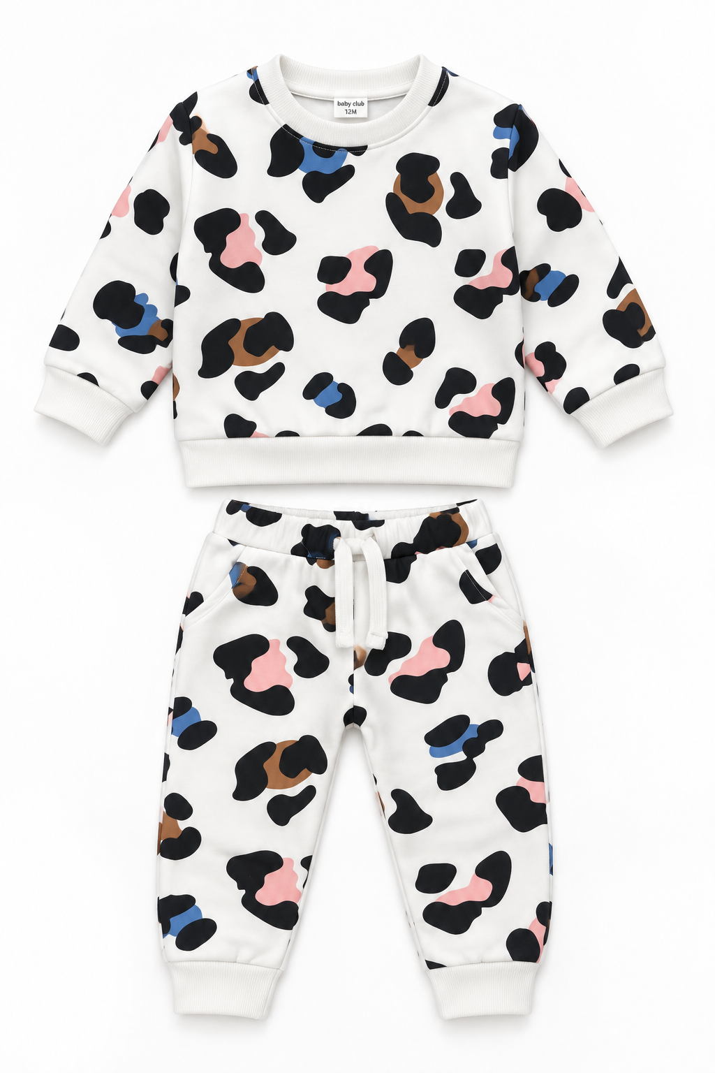 Girls Cow Print Fleece Tracksuit | White & Black
