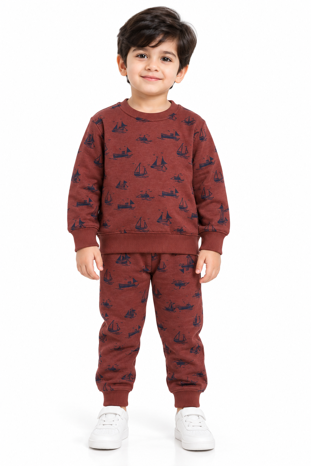Kids Sailboat Print Fleece Tracksuit | Rust Brown