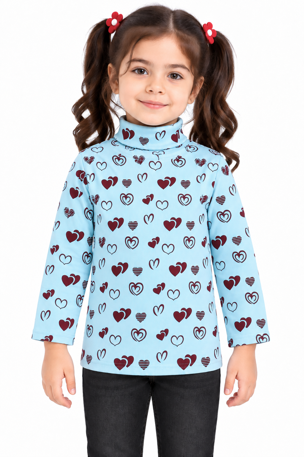 Girls Heart Print Highneck | Sky Blue & Maroon