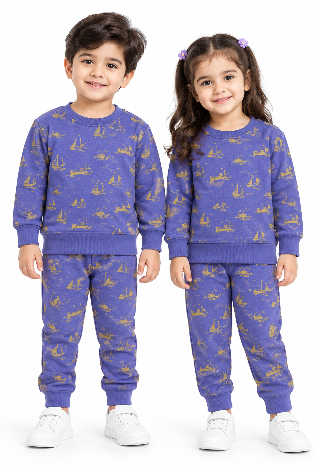Kids Sailboat Print Fleece Tracksuit | Purple