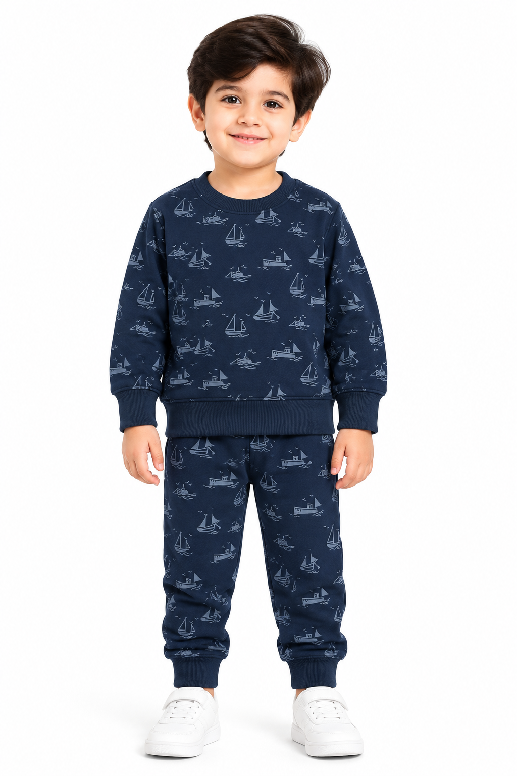 Kids Sailboat Print Fleece Tracksuit | Navy Blue