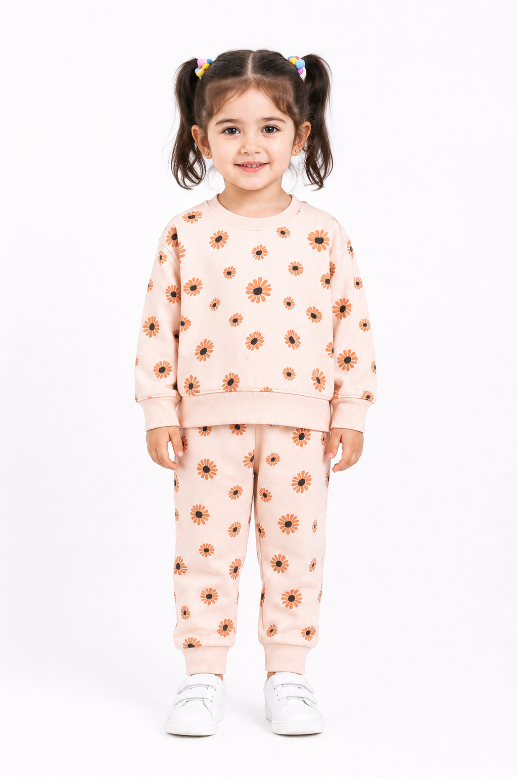 Girls Daisy Floral Print - Fleece Tracksuit | Peach