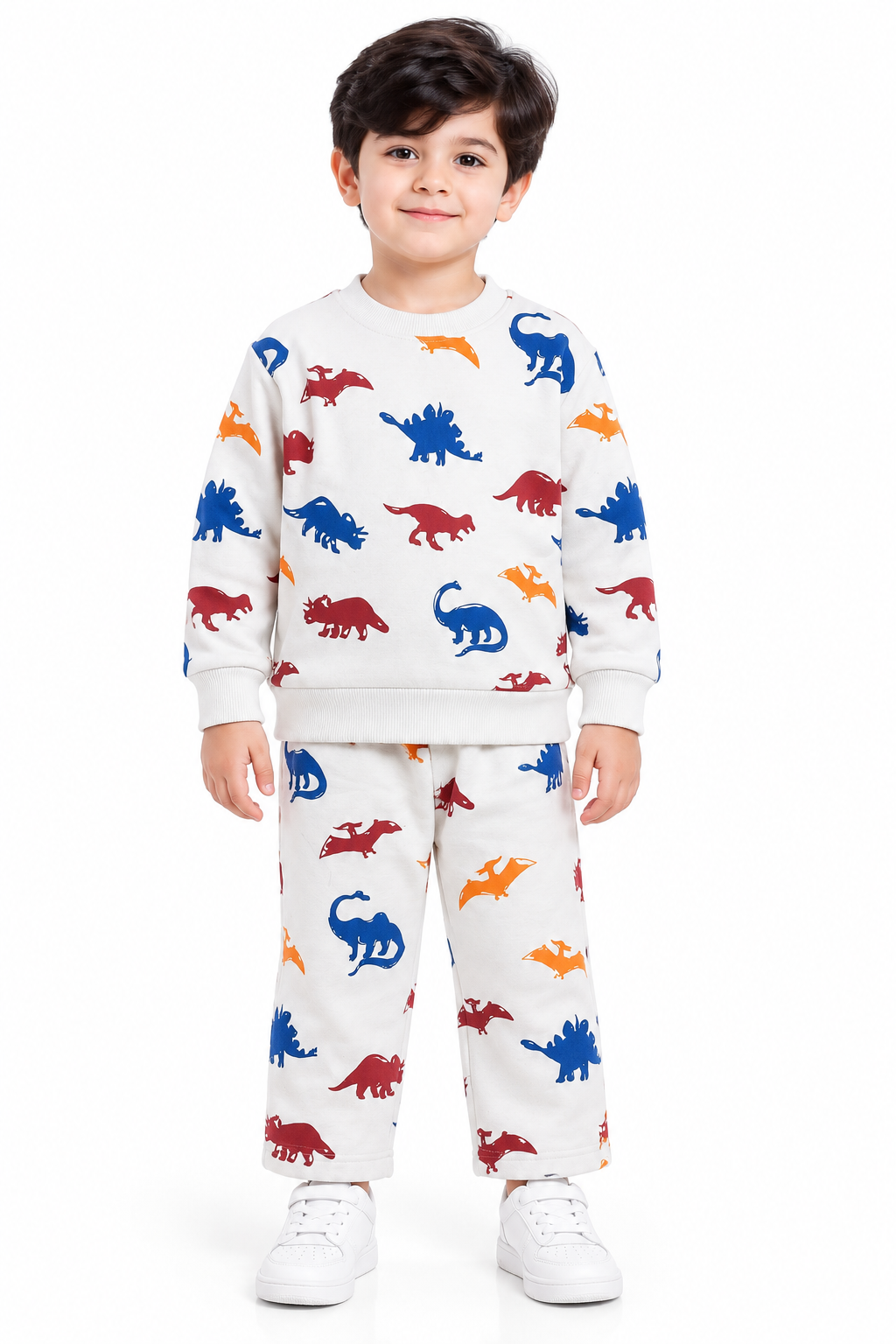 Kids Dinosaur Print Fleece Tracksuit | White